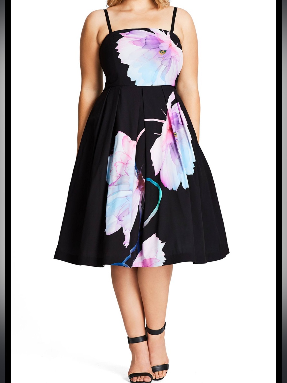 City Chic Black Floral Fit & Flare Cocktail Dress Plus Size Romantic Party